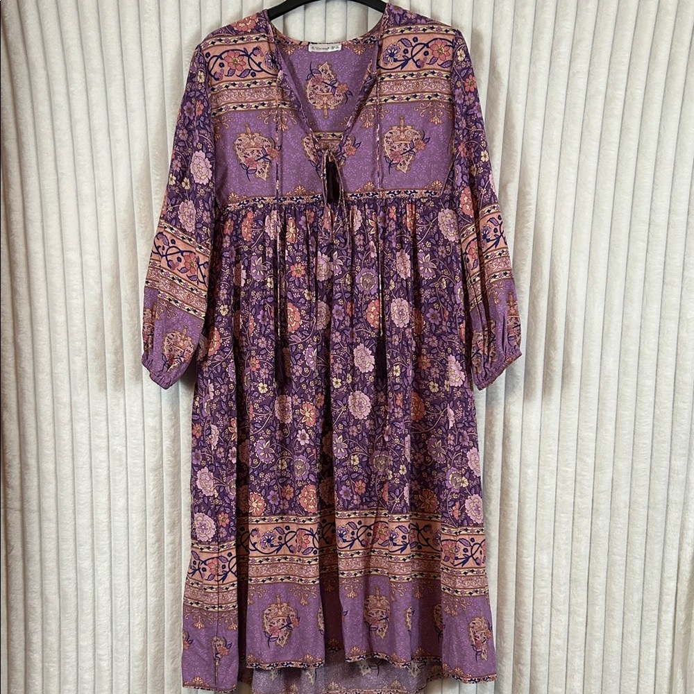 R.Vivimos Long Sleeve Floral Print Retro V Neck Tassel Boho long Midi Dress M